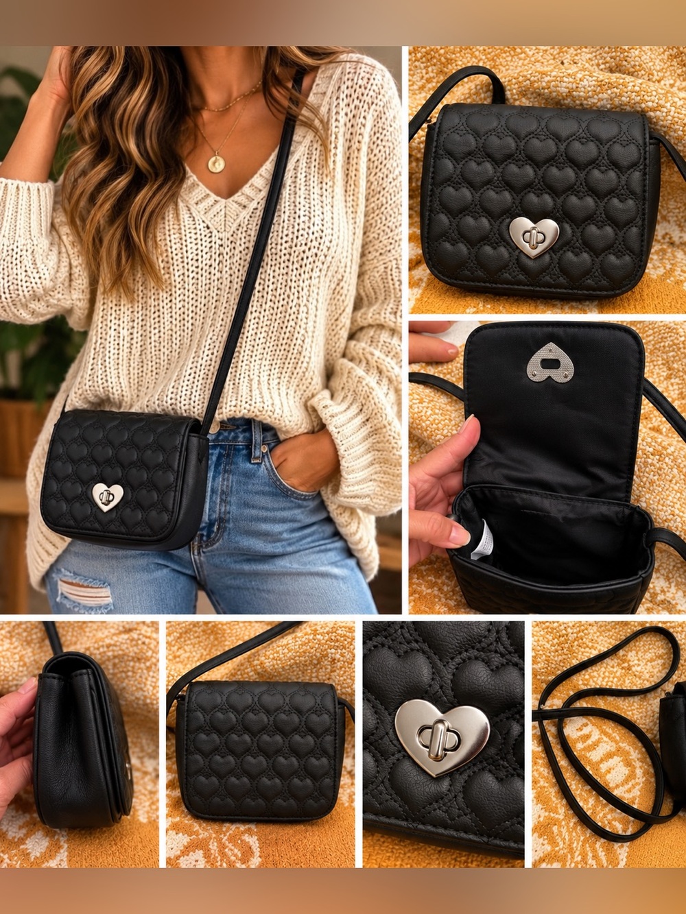 Black Quilted Heart Crossbody Mini Bag Copper Heart Clasp Y2K